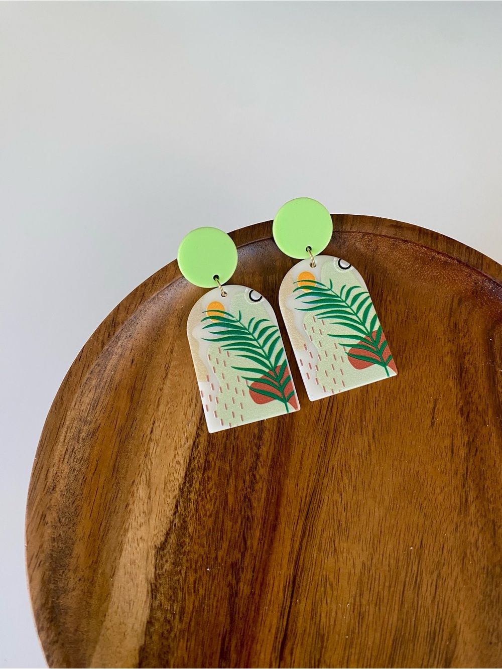 4/$15 Green Tropical Leaf Garden Acrylic Drop Earrings